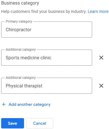 chiropractor GBP categories