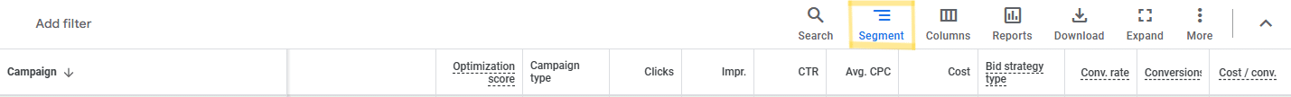 Google Ads Segment Button